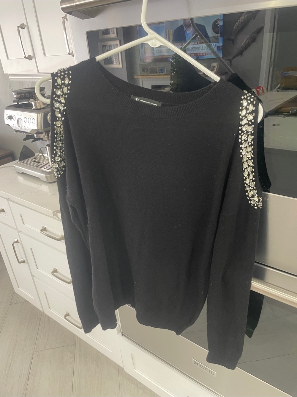 INC International Concepts Black Cold-Shoulder Sweater with Jeweled Shoulders